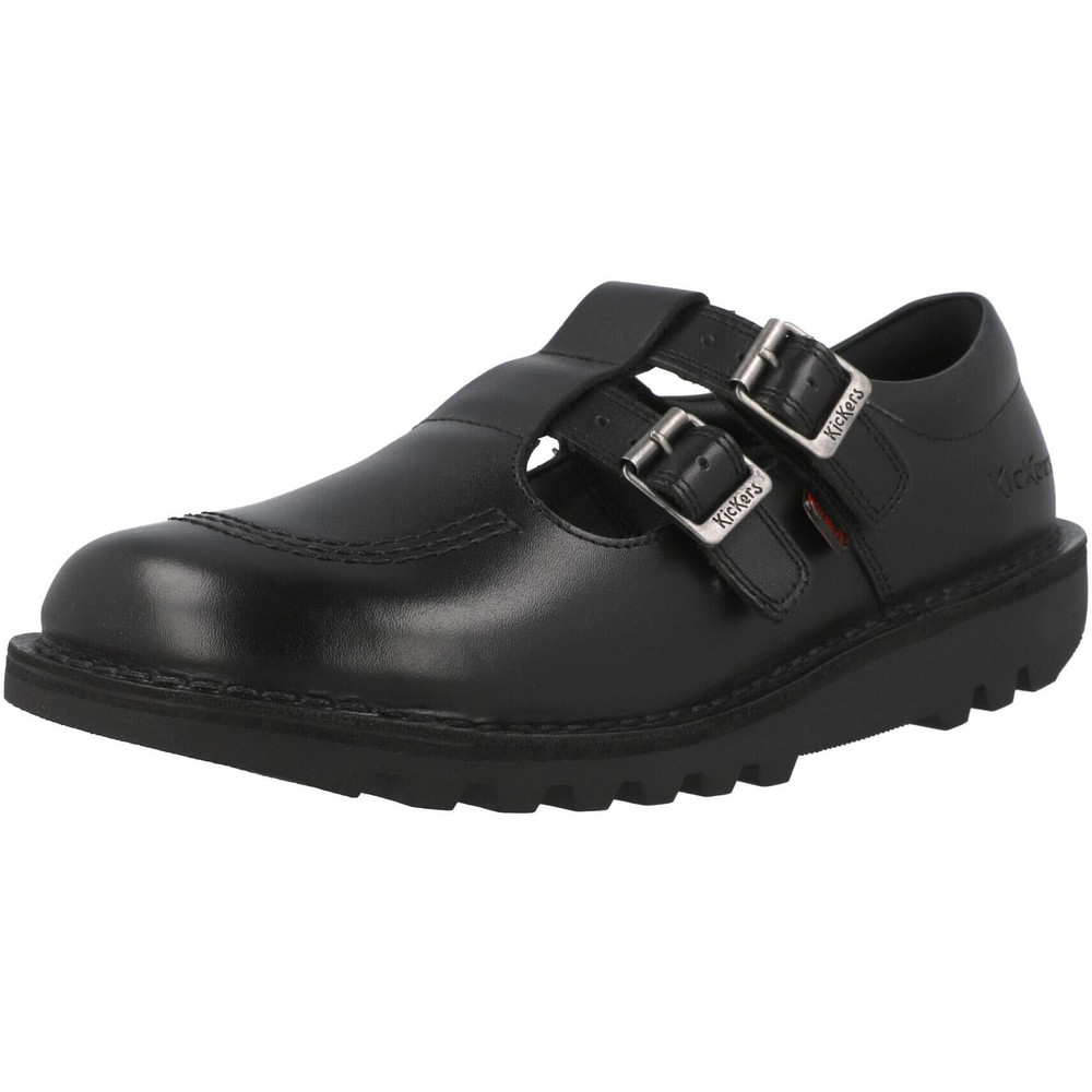 Kickers Kick T Double Black School Shoes Leather T-Bar Buckle Grip Kids