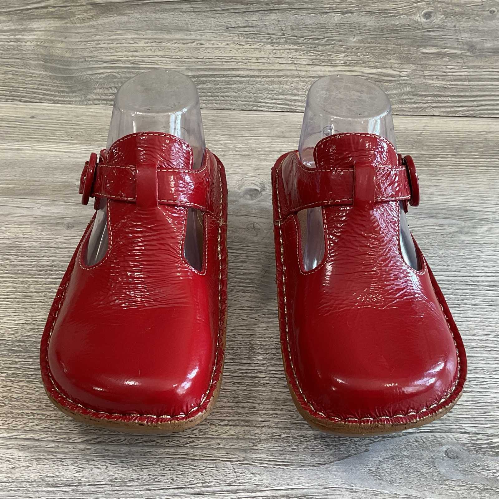 Alegria ALG-104 Womens 37 EU 7-7.5 US Red Patent Leather Buckle Mules Clogs