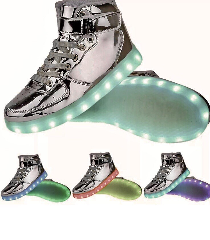 Mid Top Lace Up metallic Silver Black Casual Sneaker w USB chargeable Led lights