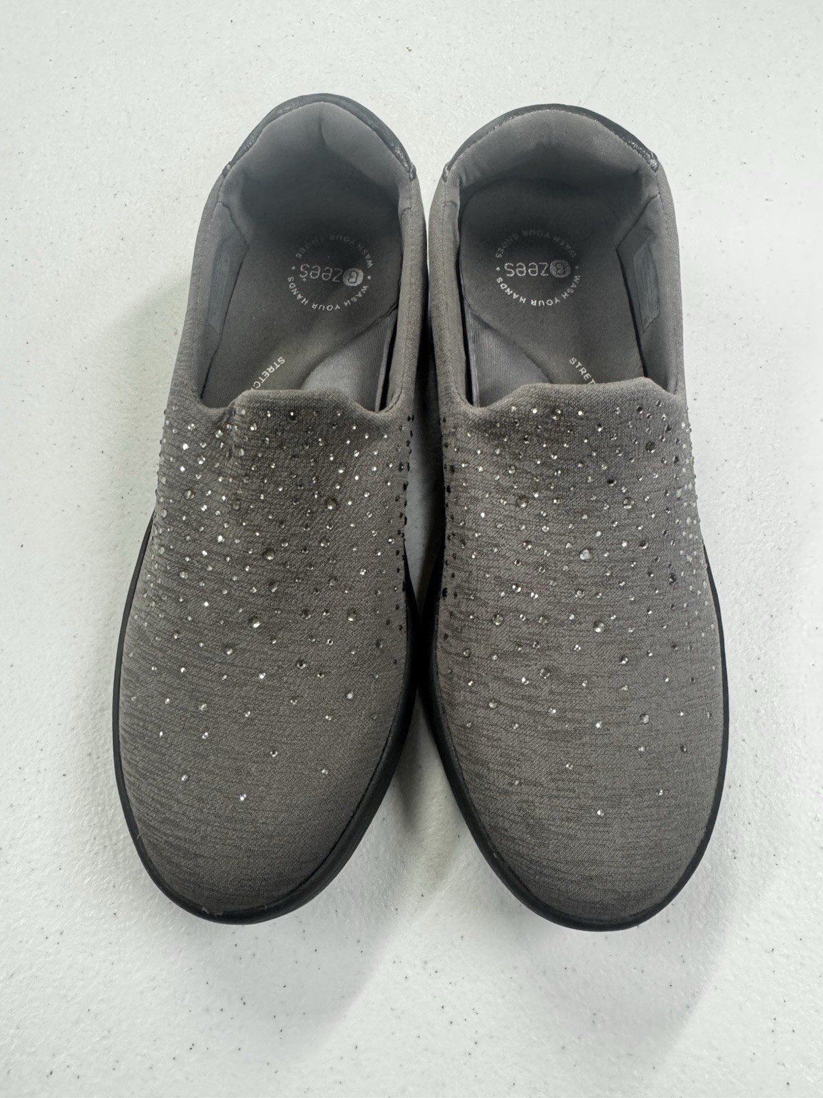 Women’s Gray Rhinestone Knit Slip-On Comfort Sneakers – Size 9.5