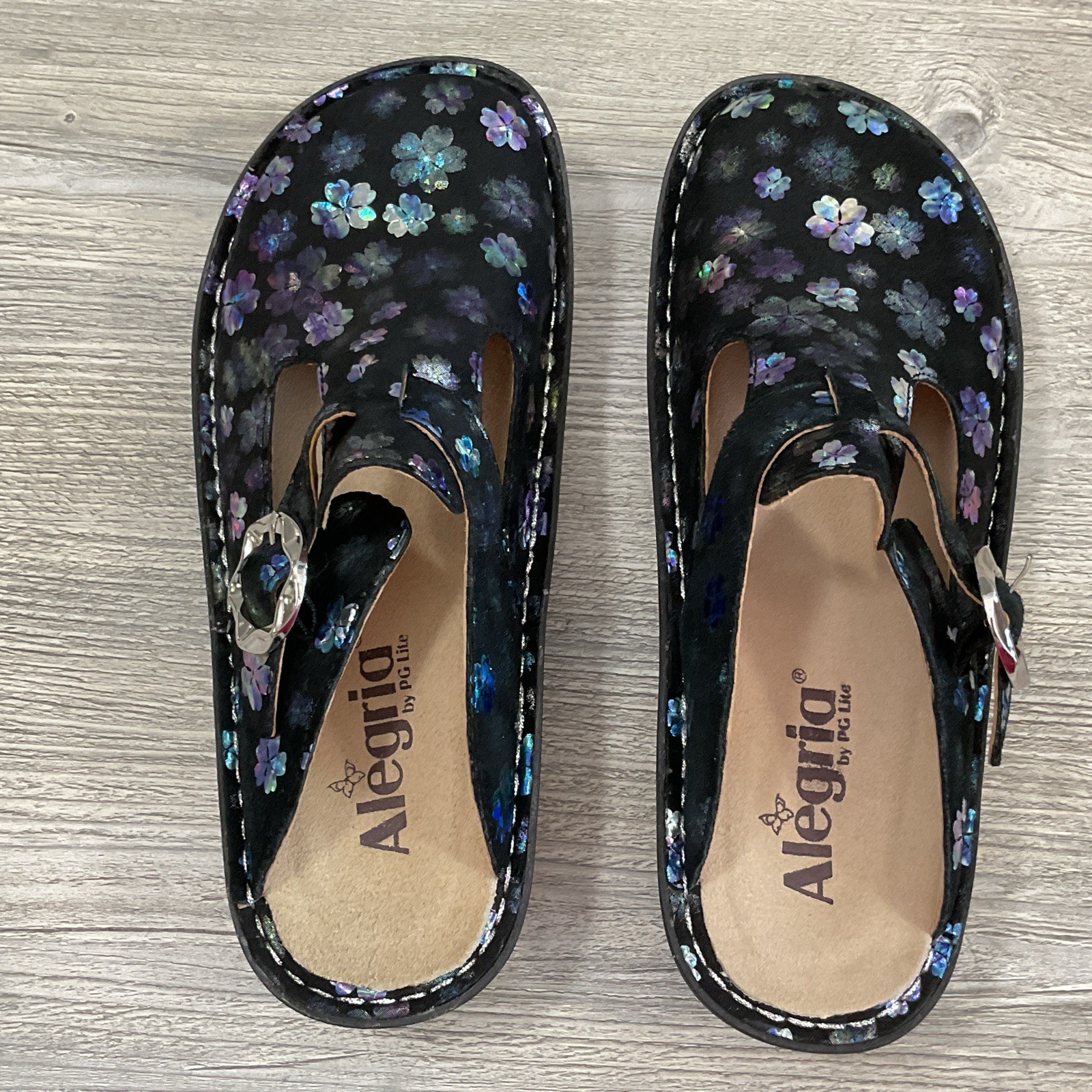 Alegria ALG-555 Mary Jane Clogs Womens US 7-7.5 EU 37 Black Floral Leather NEW