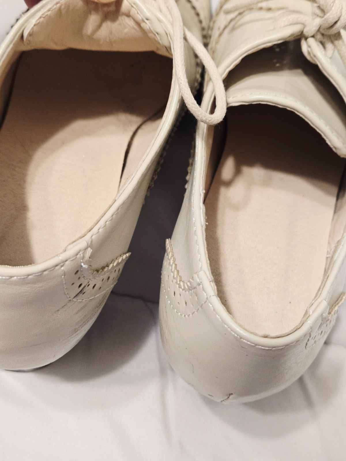FOWT 8 Perforated Lace-Up Oxfords Almond Toe Chunky Heel Beige Academia Preppy
