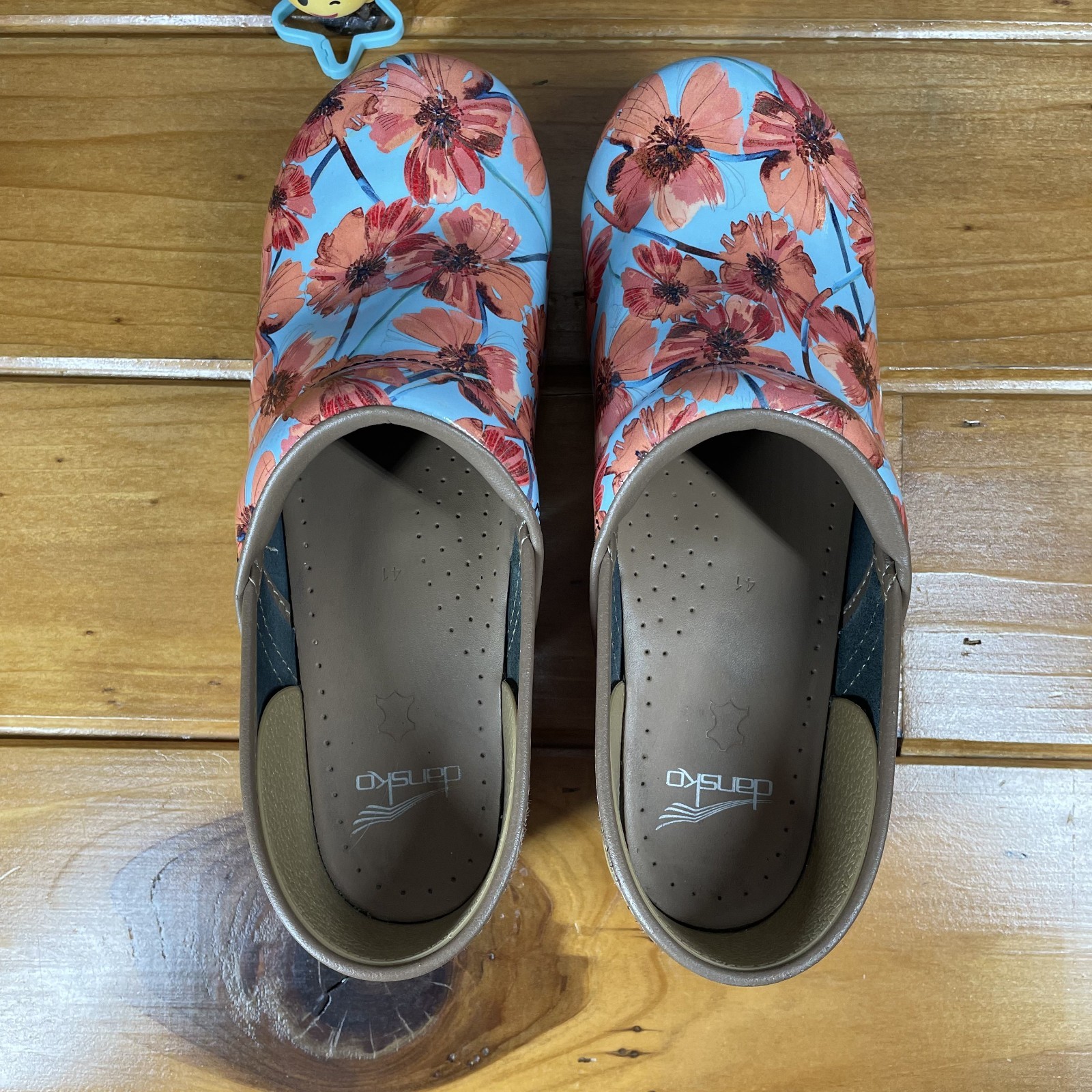 Dansko Womens Clogs Size 10.5-11 EU 41 Blue Orange Poppy Flower Patent Slip On