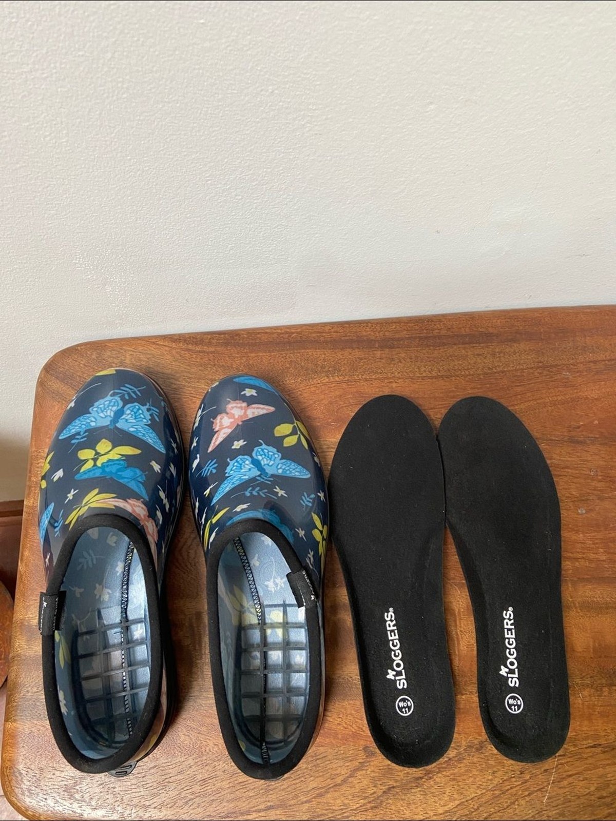 Sloggers Floral Butterfly Slip-On Clogs – Navy with Blue, Yellow & Coral Accents