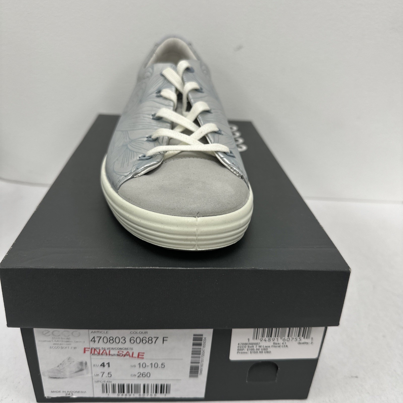 ECCO 470803 – Soft 7 Floral Sneakers – Pure Silver Concrete Leather 10-10.5 US