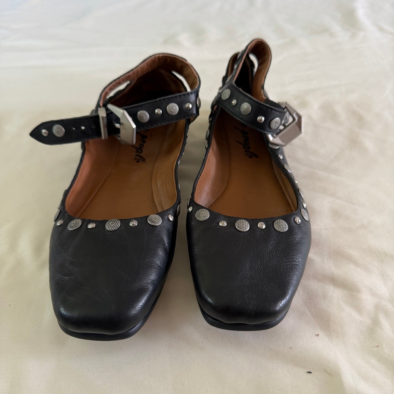 Free People Black Genuine Leather Studded Ankle Strap Flat 37 6.5 Fairy Grunge