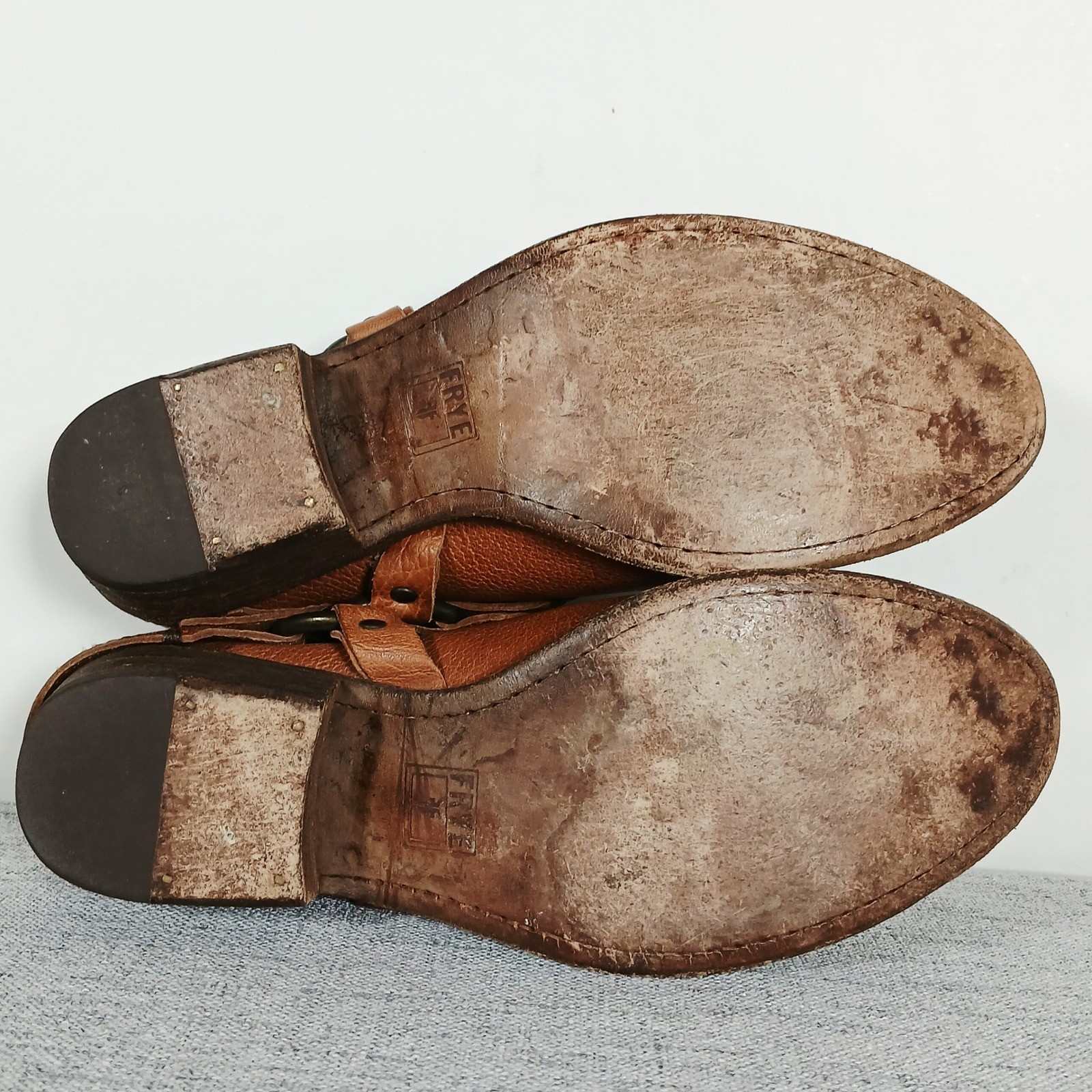 Frye Western Core Harness Ring Pebbled Leather Block Heel Mules Brown Scuffed
