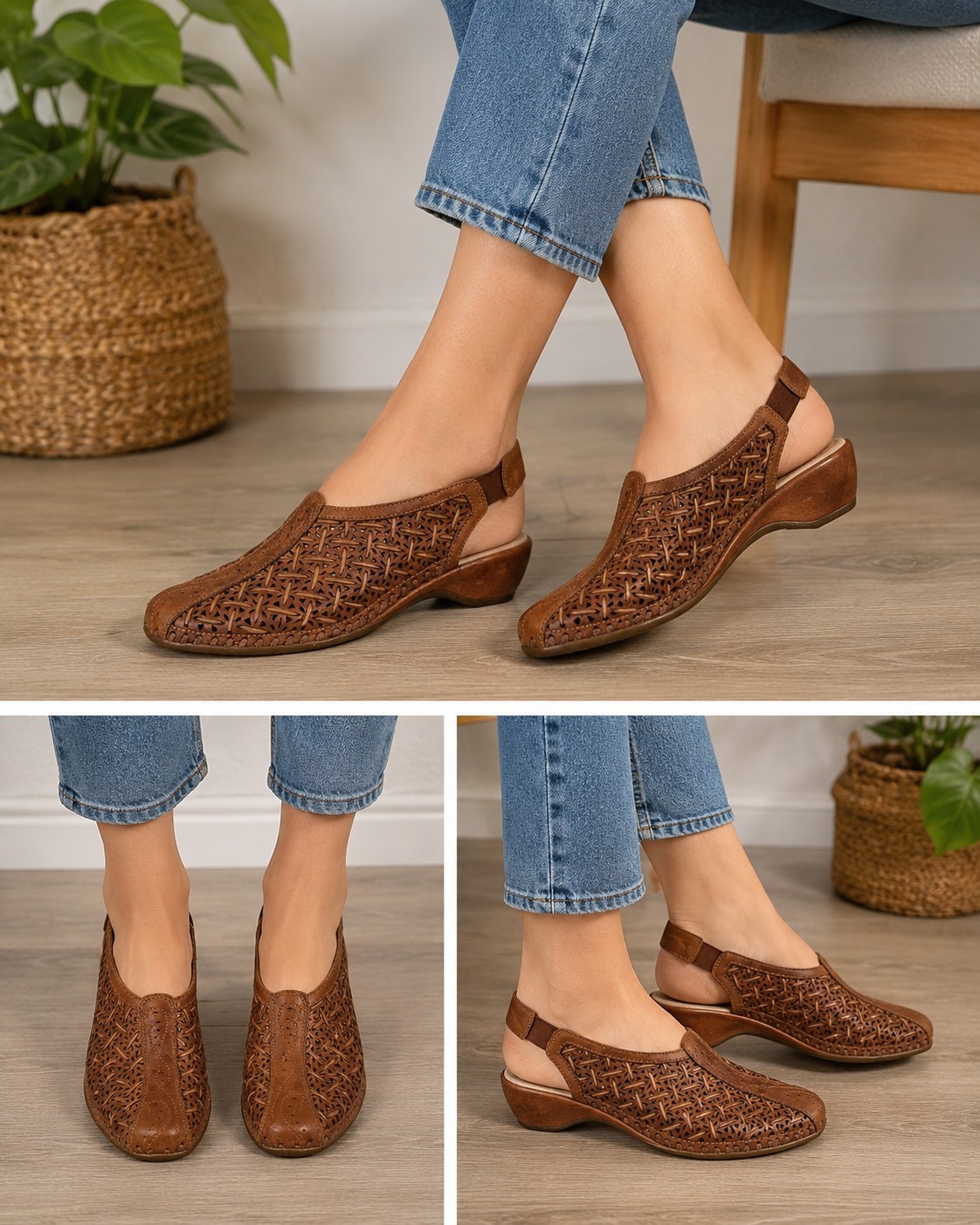 Pikolinos Women’s Brown Leather Slingback Shoes Laser Cut Comfort EU 35 US 5