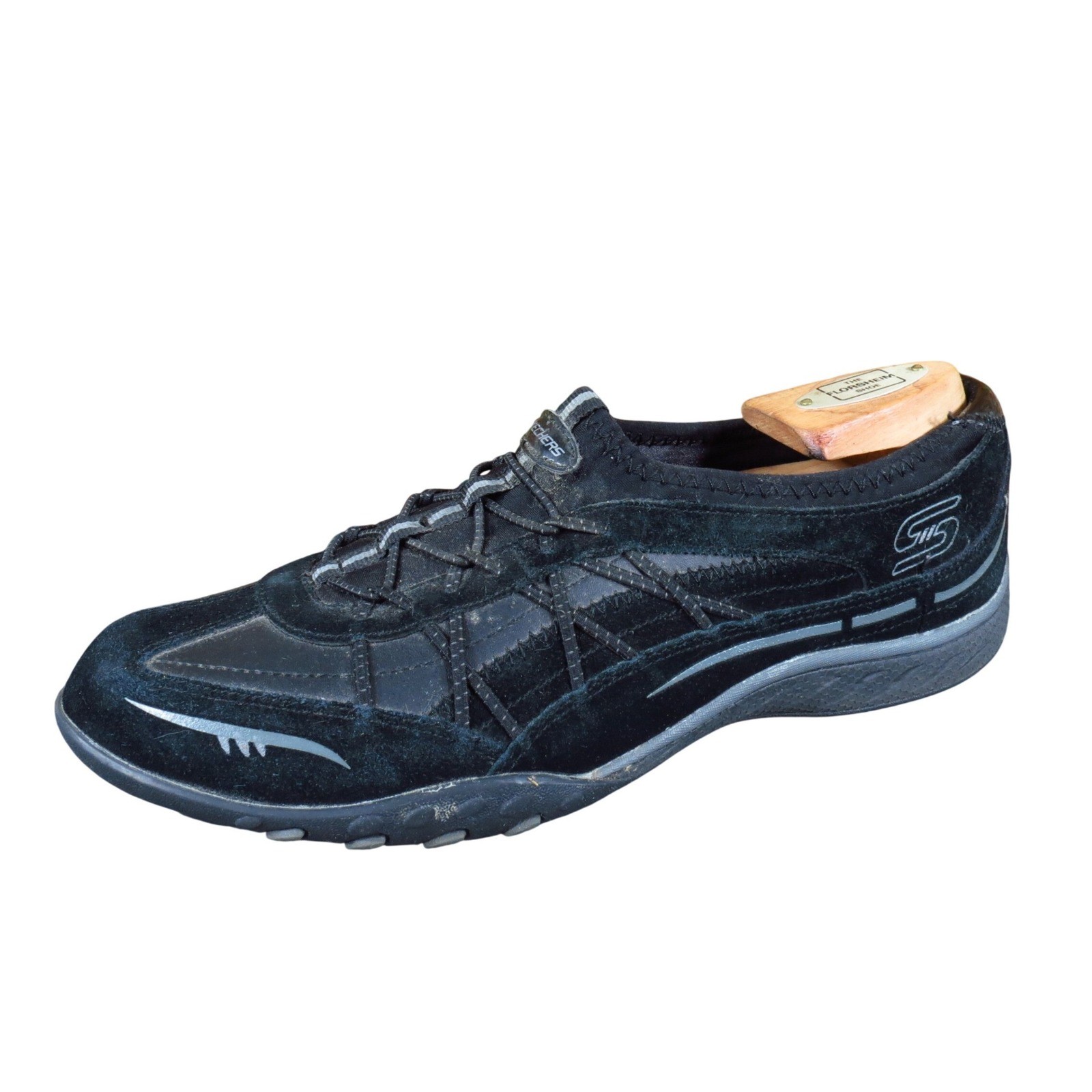 Skechers Breathe Easy Women Slip On Sneaker 8.5 Walking Shoe Black Suede Textile