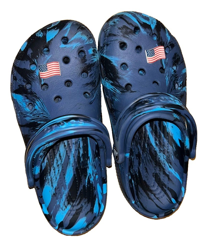 NWOB Blue Camo Crocs with American Flag Pins- Junior SZ J-5; 7.5 L; EU 37-38