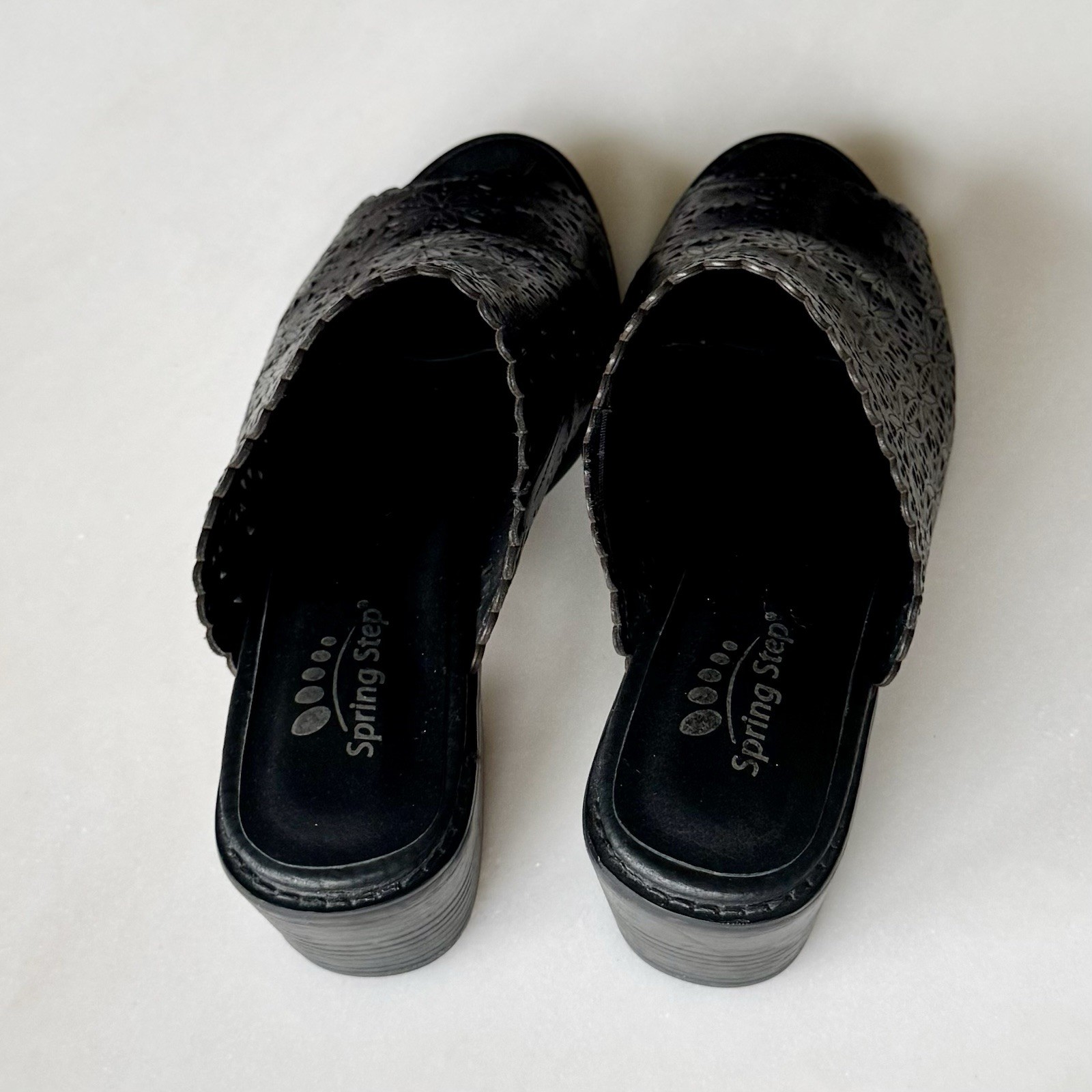 Spring Step Lea Black Leather Mule Laser Cut Open Toe Slip On EU Sz 40 | US Sz 9