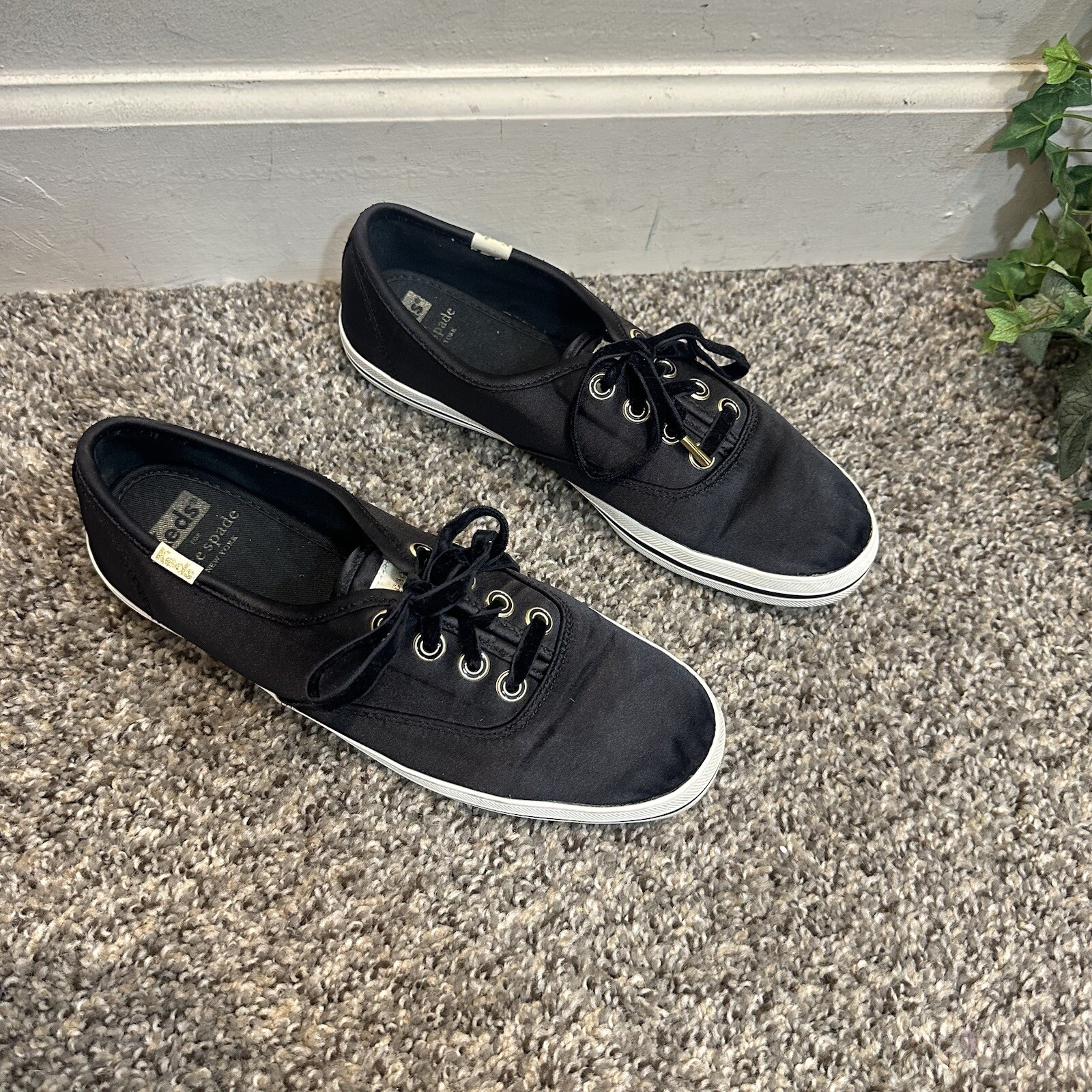 Keds Kate Spade Champion Satin Black Sneakers Shoe Lace Up Size 7.5