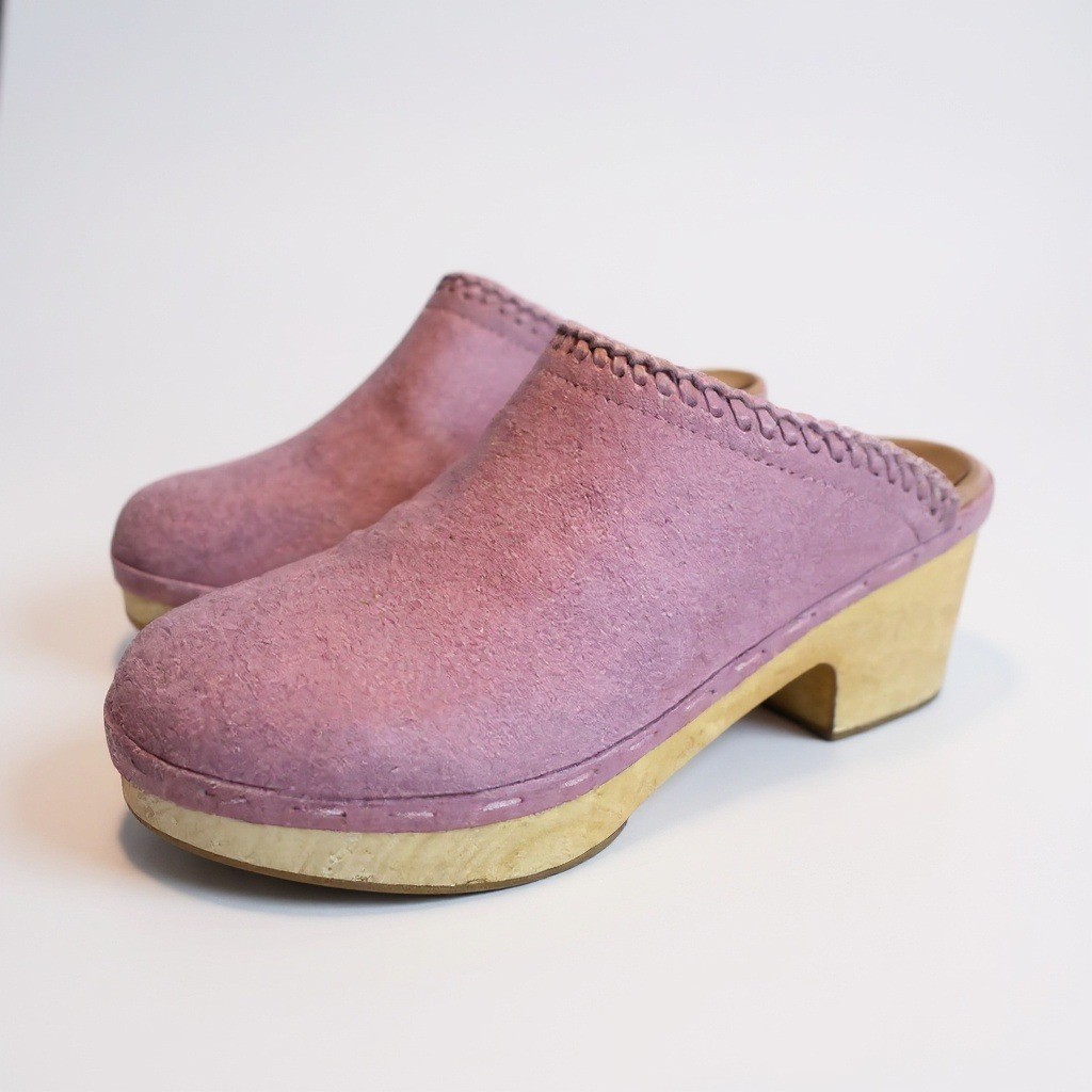 Frye and Co Suede Clogs 7.5 Mauve Whipstitch Wood Platform Mules Boho Retro