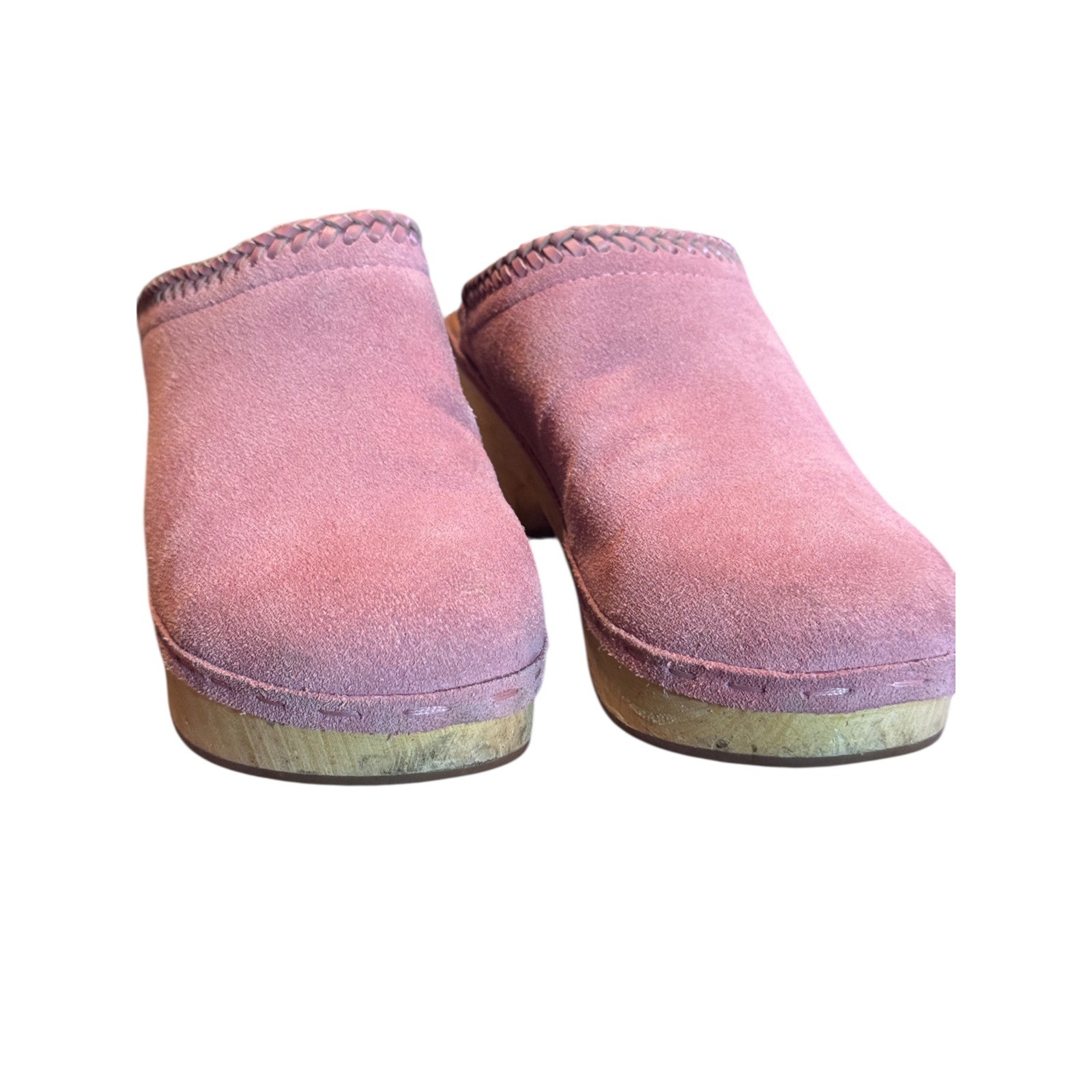 Frye and Co Suede Clogs 7.5 Mauve Whipstitch Wood Platform Mules Boho Retro