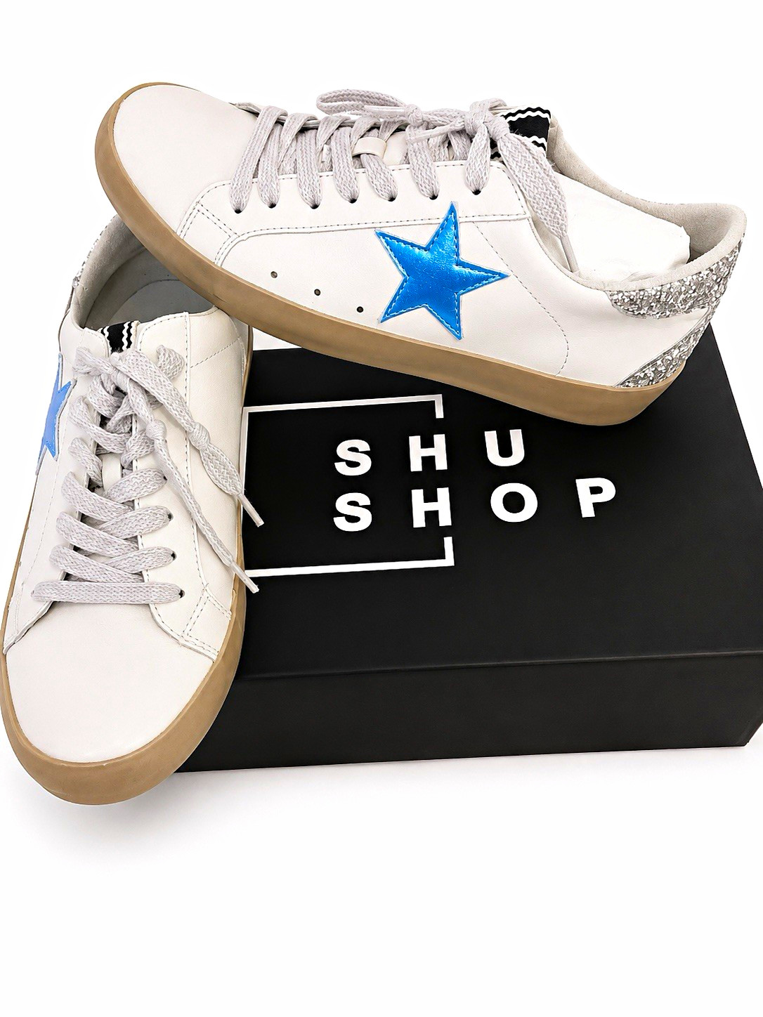 Shu Shop White Blue Star Glitter Sneakers Women’s Size 6.5 Leather Casual Shoes