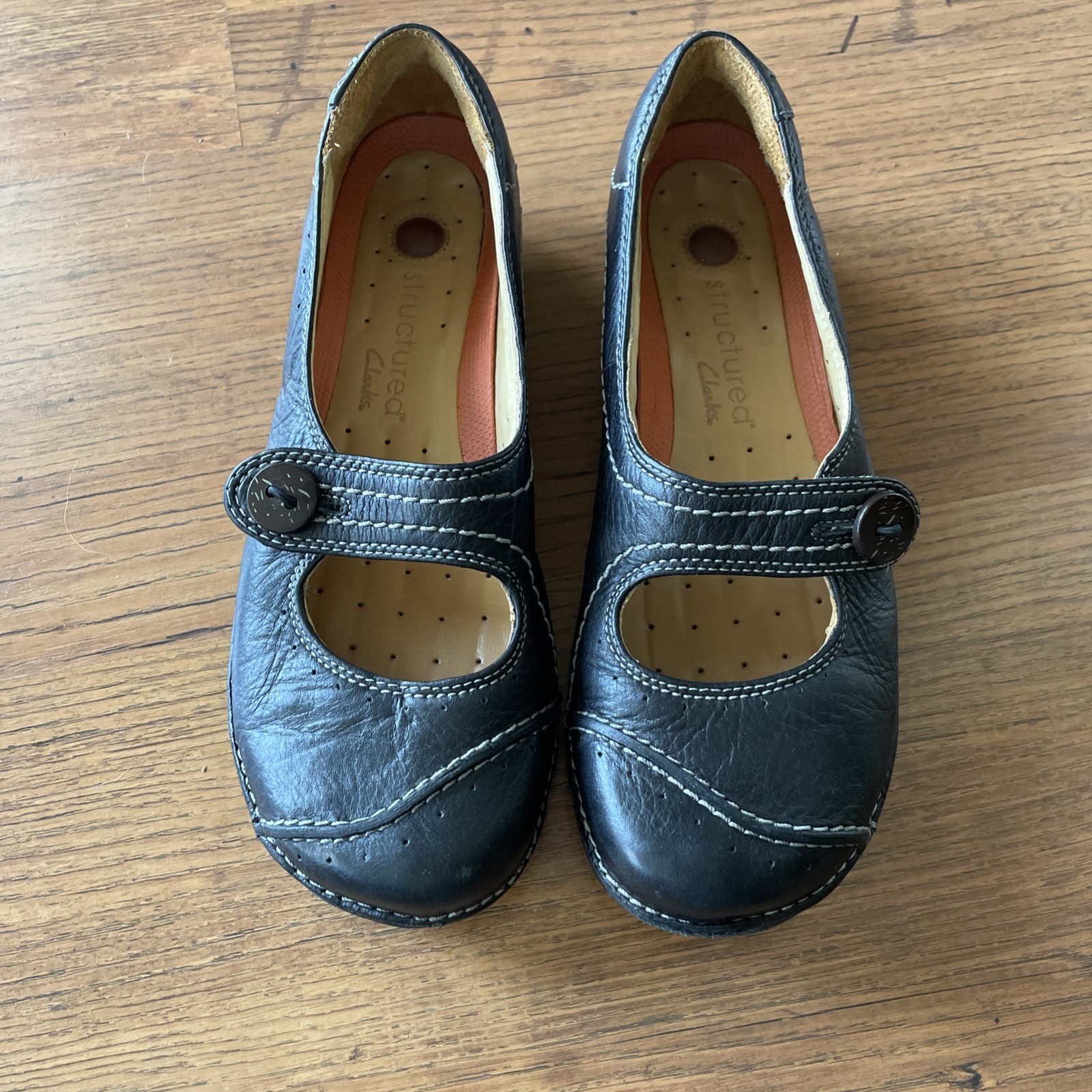 Unstructured Clarks 7 M Womens Black Leather Mary Jane Comfort Flats Shoes