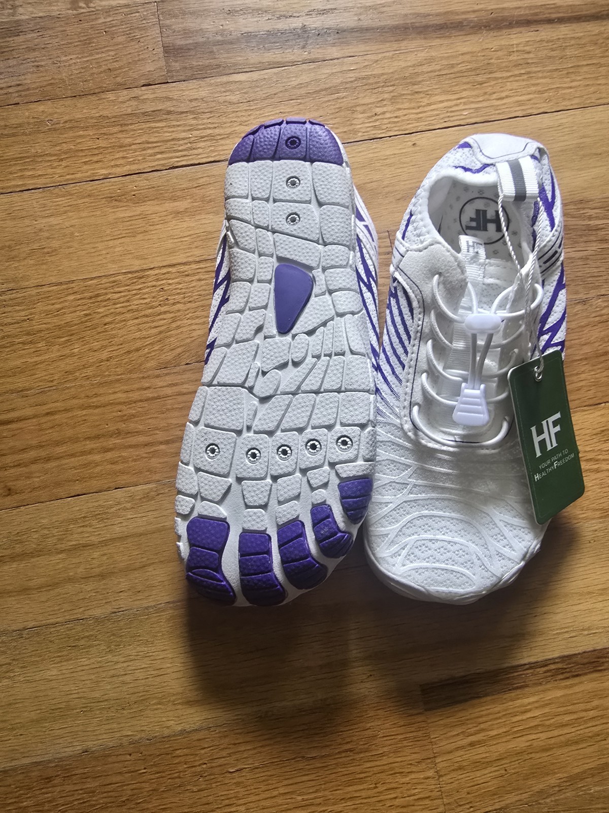 Hike Footwear “Lorax Pro” white and purple barefoot shoes featuring a drawstring