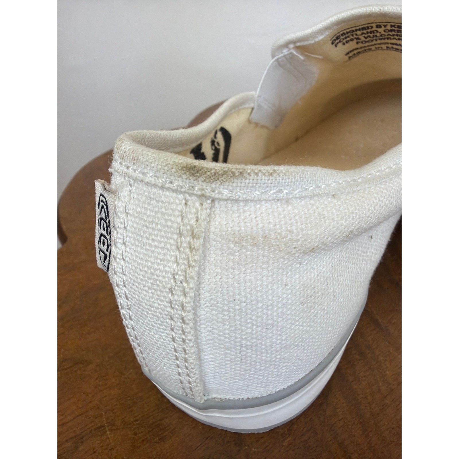 Keen White Canvas Slip On Shoes Rubber Toe Cap Round Toe Size 10 Made in Mexico