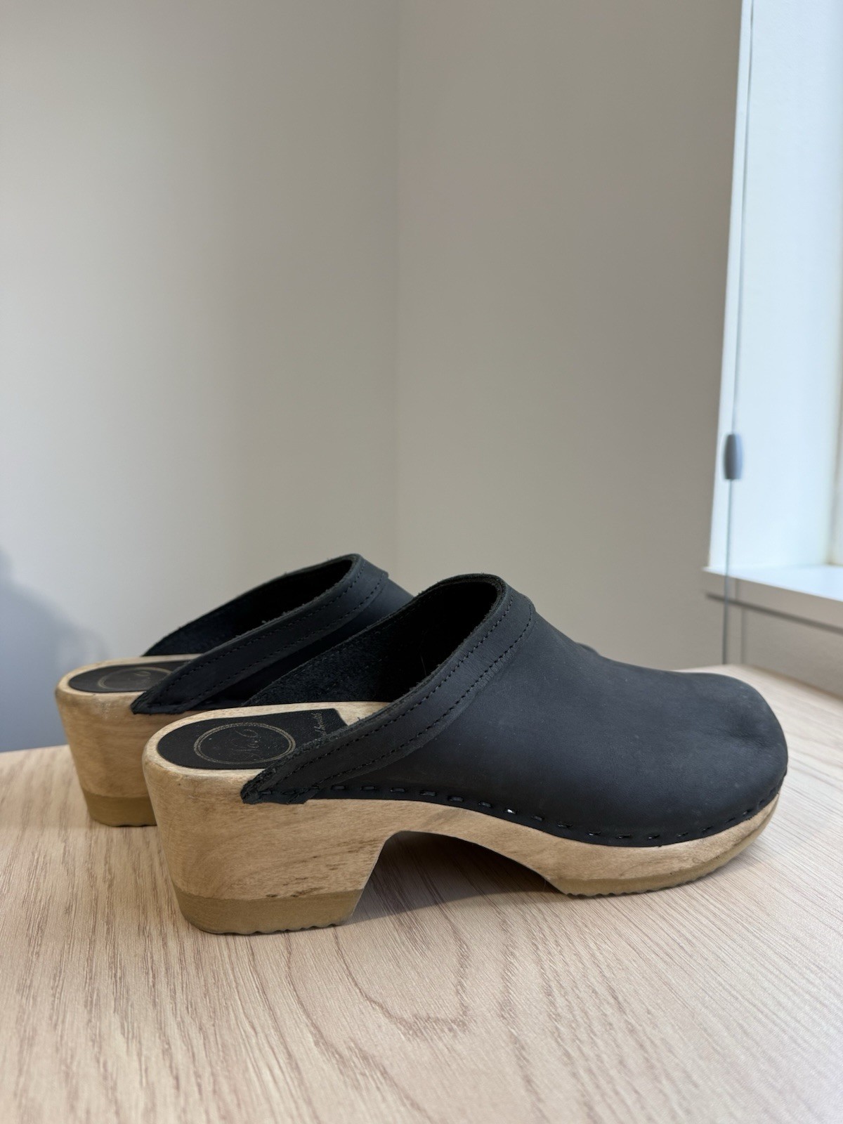 No. 6 Old School Clogs – Black Leather Suede – Wooden Heel Mules – Size 41