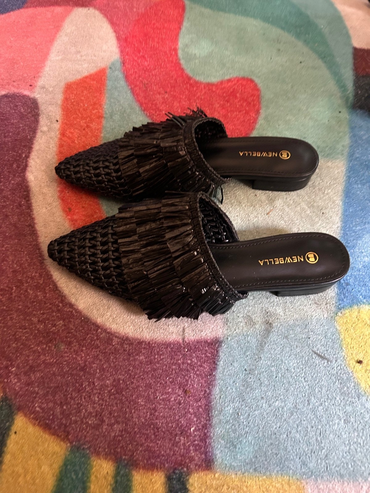 Newbella Black Woven Pointed Toe Slip-On Flats with Fringe Detail