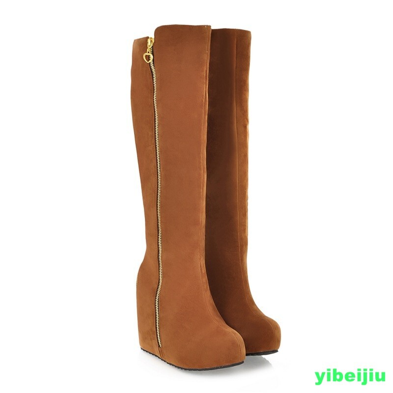Womens Knee High Hidden Wedge Heel Platform Boots Suede Zipper Shoes Fall Winter
