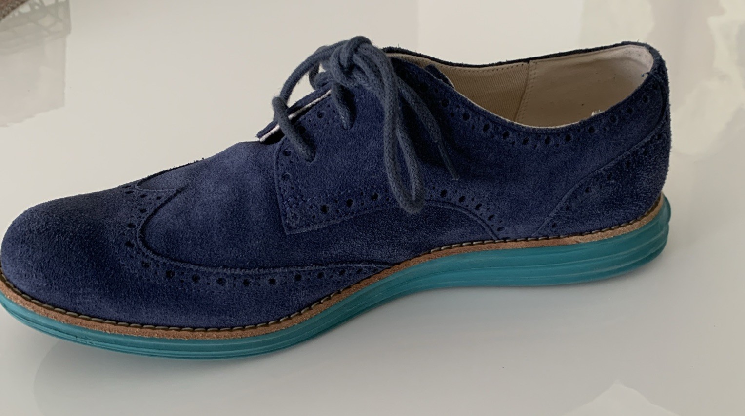 Cole Haan Womens Lunargrand Oxfords Size 8B Blue Suede Wingtip Shoes w/box