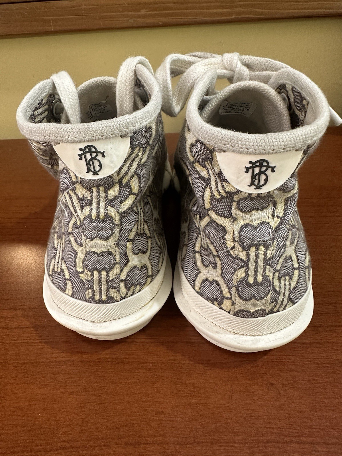 TORY BURCH “Buddy” Jacquard Sneakers White Beige Cap Toed High Top Shoes 7 M