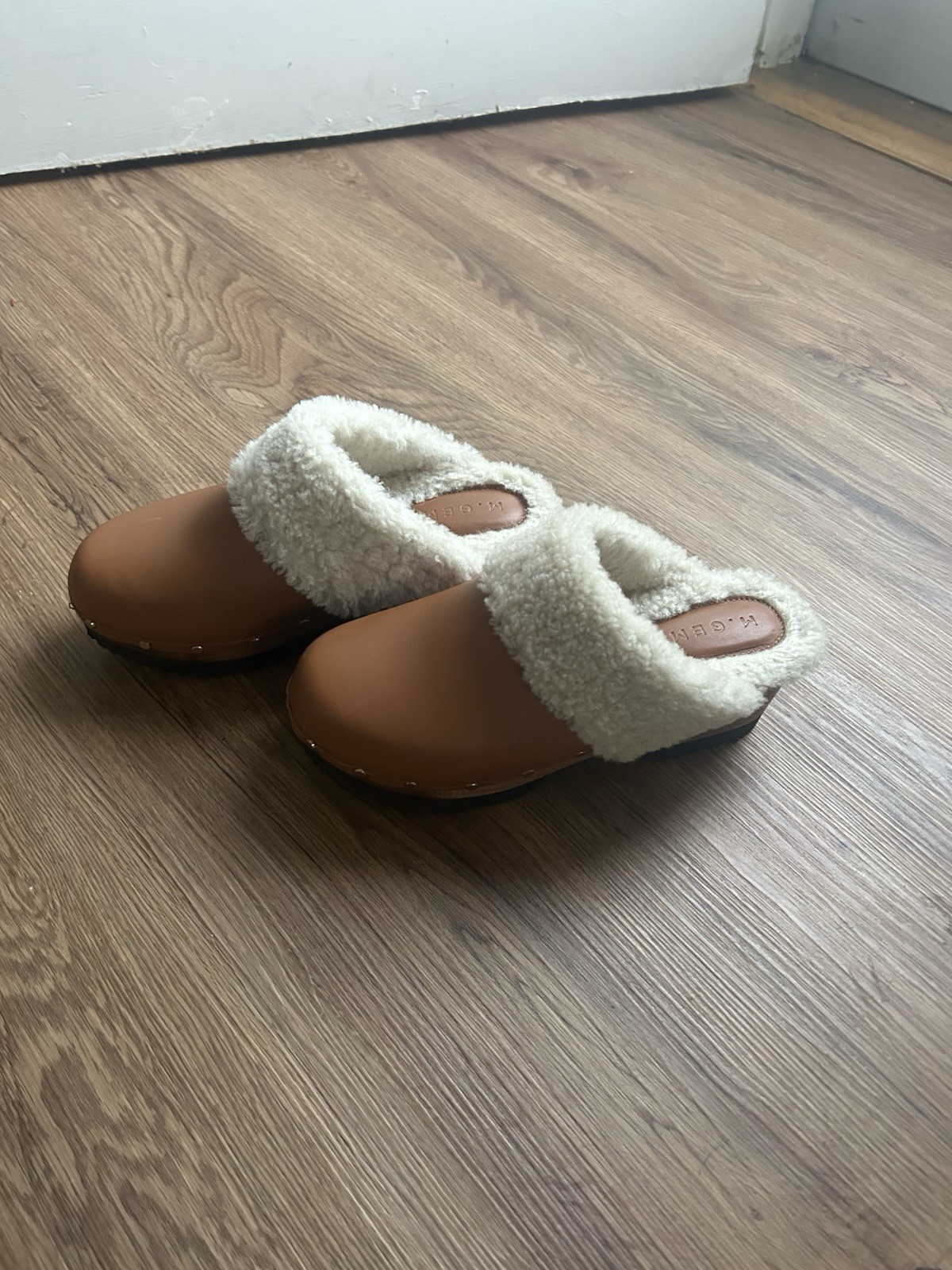 M.Gemi The Greta Tan Leather Shearling Clog Platform Mule Shoes EU 38.5 US 8.5