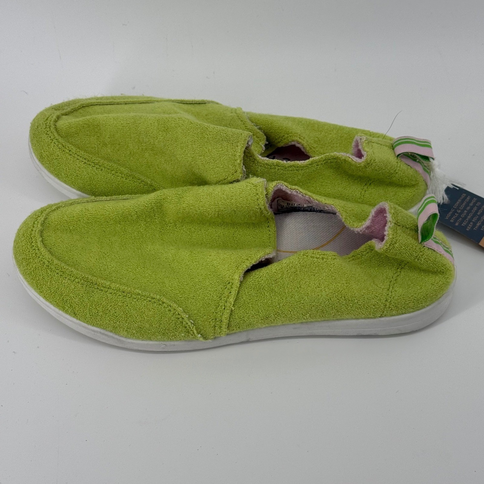 Vionic Beach Malibu Womens 6 Lime Green Terry Cloth Slip On Sneaker Vegan NEW