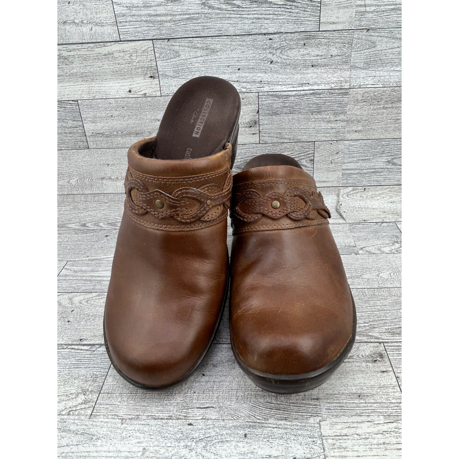 Clarks Collection Women Brown Leather Braided Mules Clogs Cushion Soft Sz 8.5 M