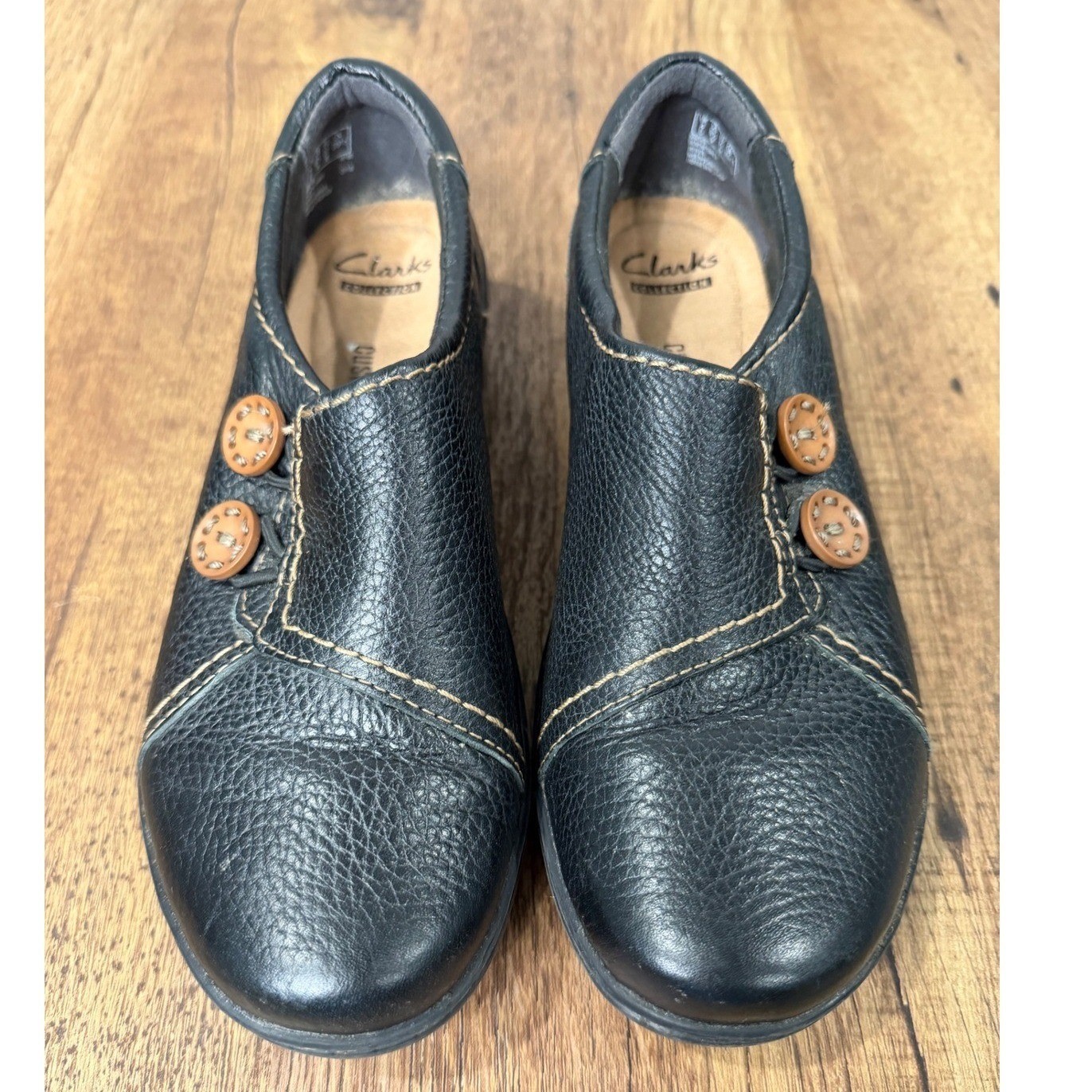 Clarks Collection Women Black Leather Button Slip On Shoes Comfort Size 6.5