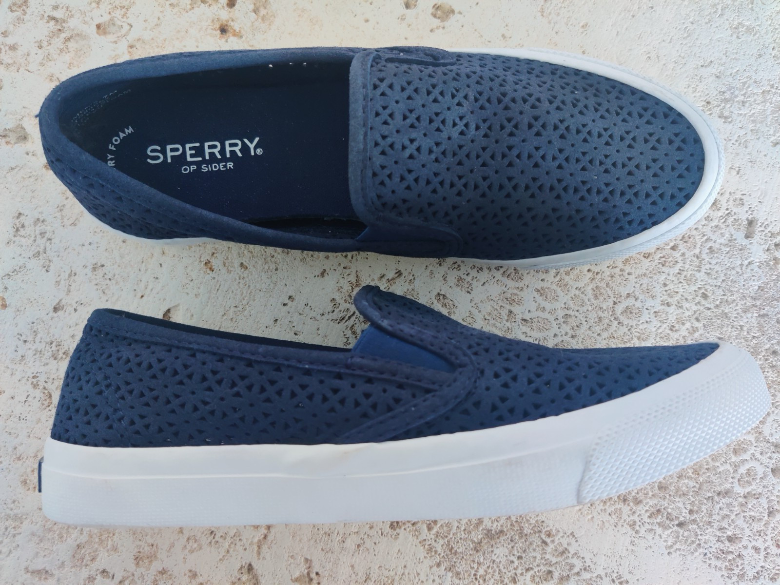 Sperry Top Sider Sz 7 M Perforated Suede Boat Shoes Sneakers Slip On NAVY BLUE