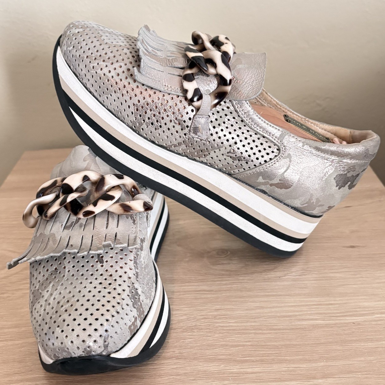 Softwaves Cadie Platform Metallic Kaki Slip-on Wedge Loafer Women’s Size 35 1/2