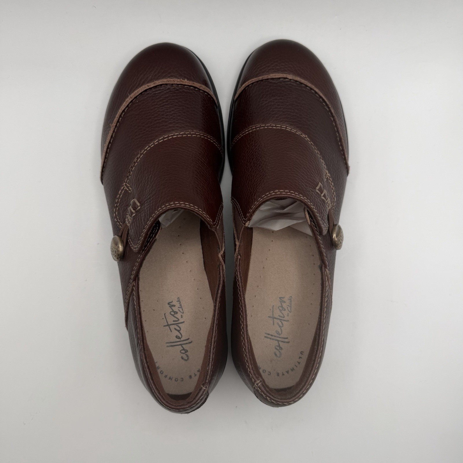 Clarks Cora Poppy Brown Leather Women’s Shoes Sz 7 M Button Loop Loafers