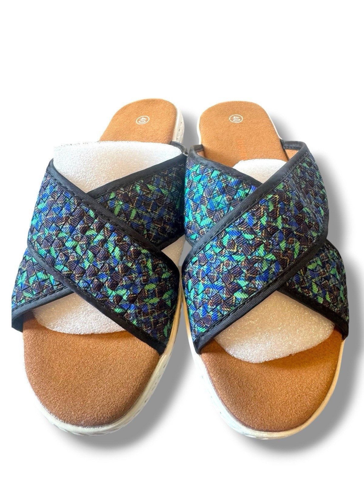 Bernie Mev slide Sandals cross cross multicolor stretch Woven Size US 9 EU 40