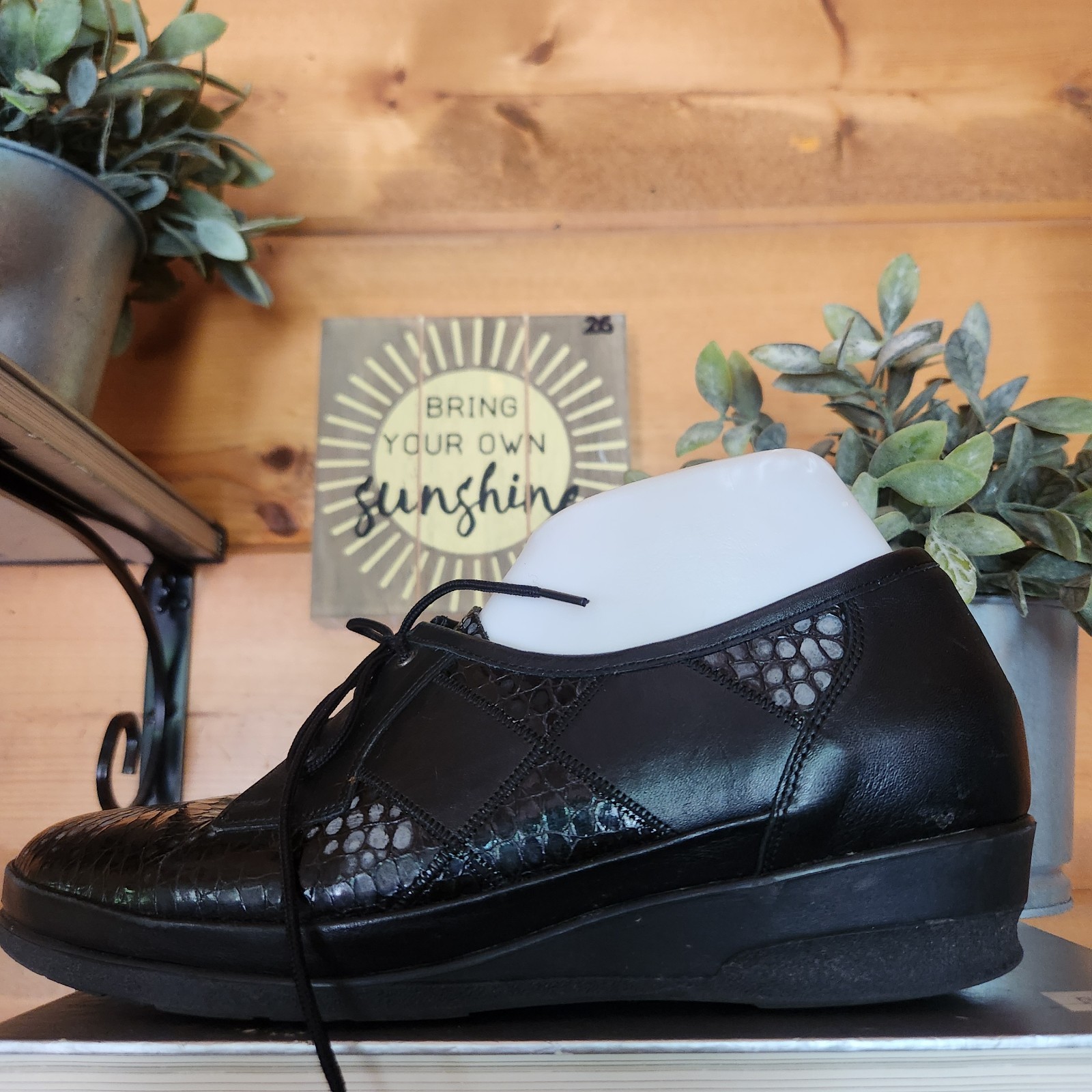 Waldlaufer Luftpolster Black Leather Diamond Snake Wedge Heel Oxford HTF Sz US 8