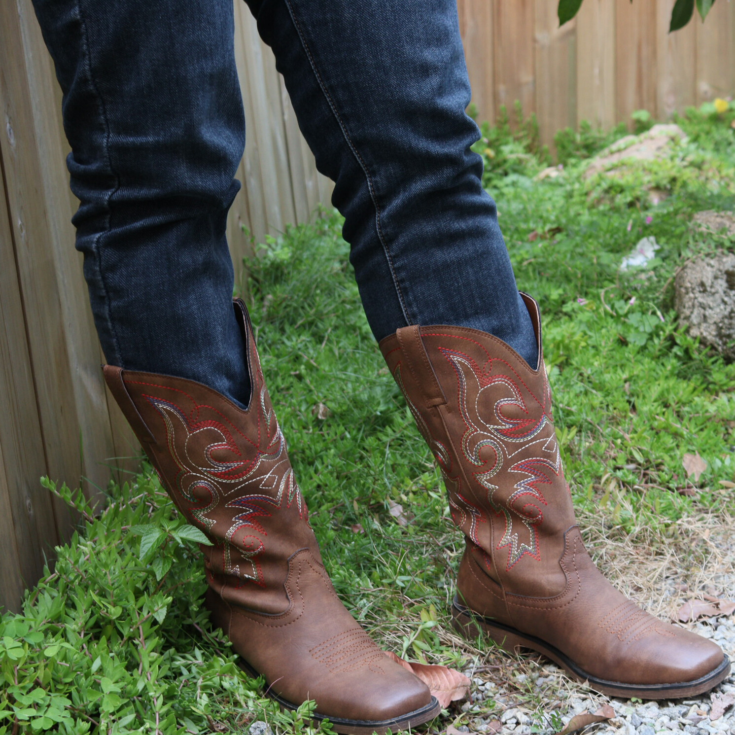 SheSole Women’s Square Toe Western Cowgirl Cowboy Boots Mid Calf Embroidered
