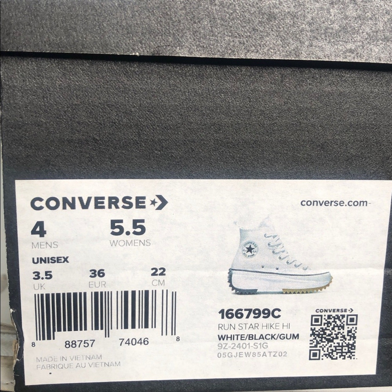 Converse Run Star Hike Hi White Black Gum Unisex Hiking Sneakers – Size 5.5