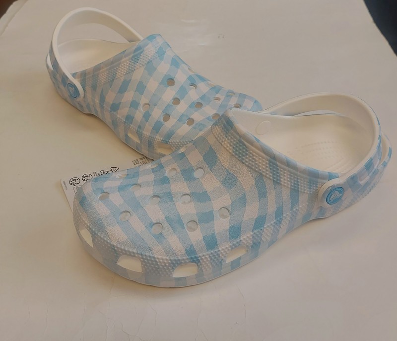 Crocs Classic Gingham Clogs Mens Size 7 Womens 9 Blue White Slip On Sandals Shoe
