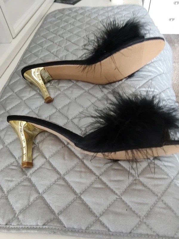 Amazon Heels Size 9 Black Feather Slide with Gold Heel.