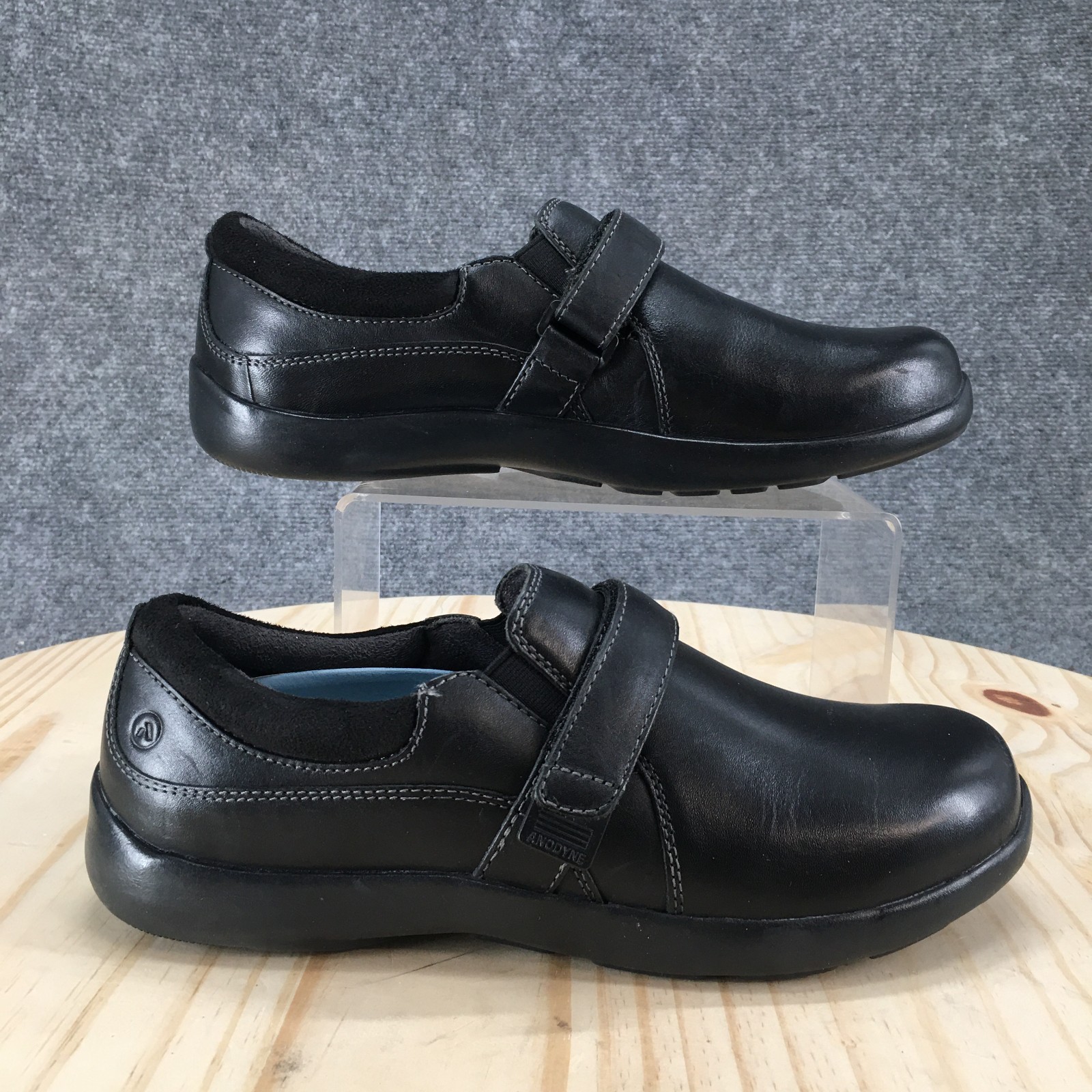 Anodyne Shoes Womens 8 Loafers Hook & Loop Strap Walking Comfort Black Leather