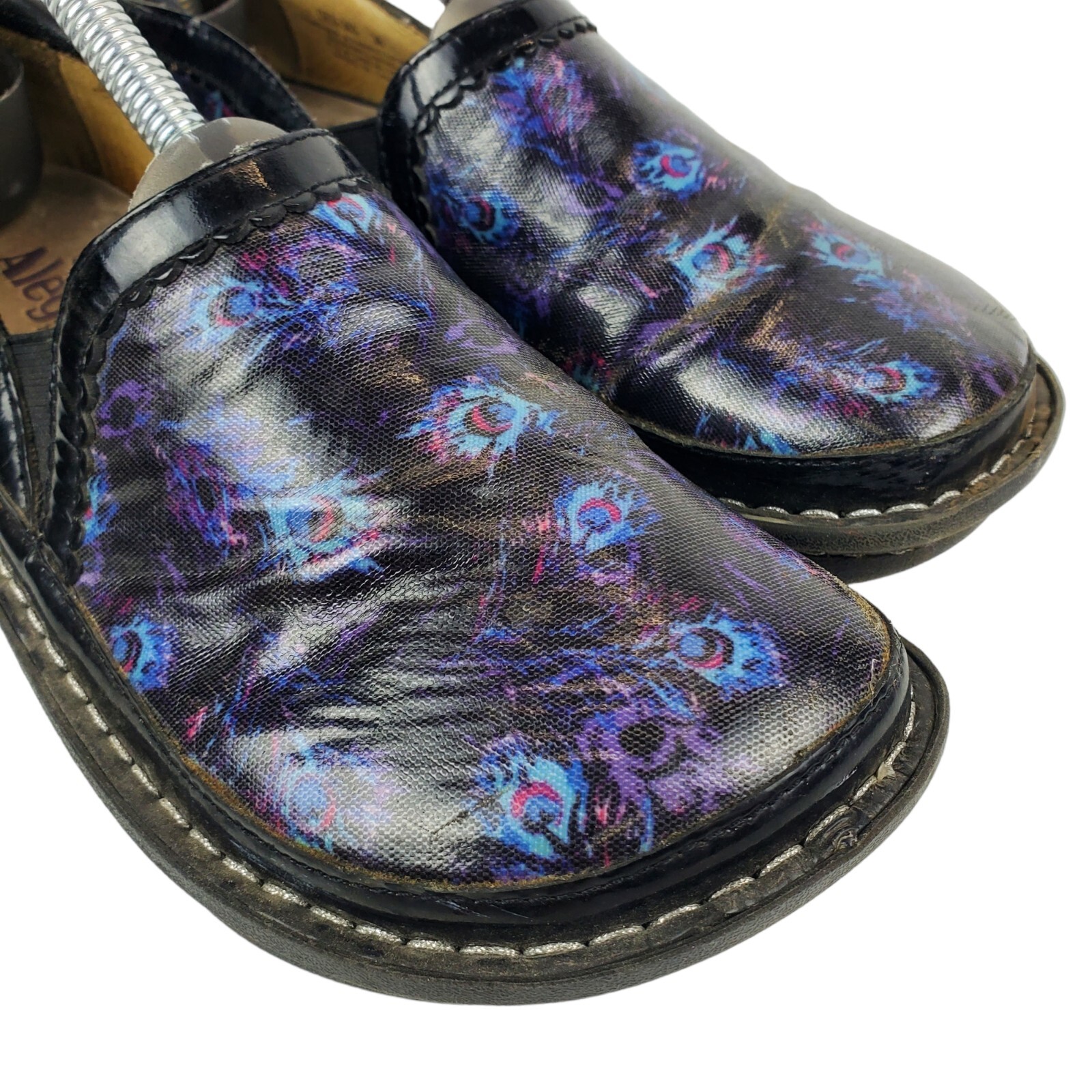 ALEGRIA Shoes Womens 38 US 7 Black Peacock Animal Print Nursing Clogs DEB-365