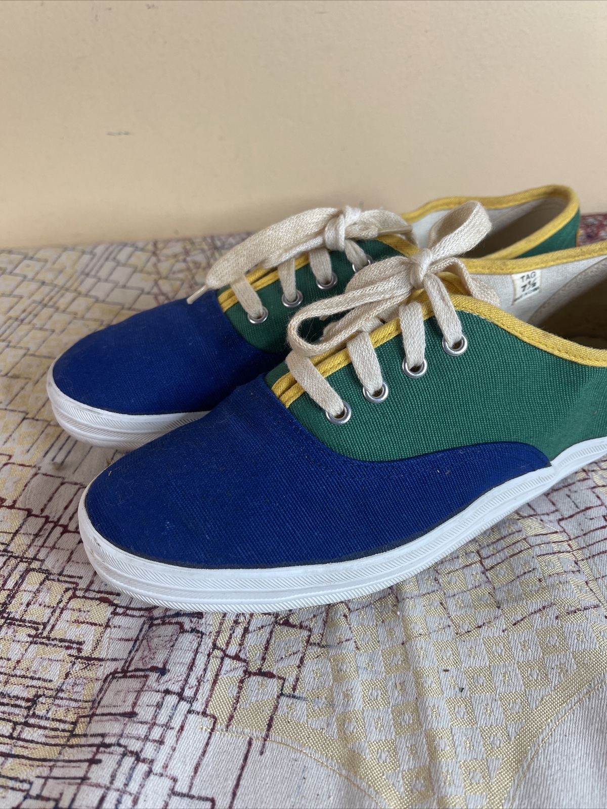 Vintage ESPRIT sz 7.5 Canvas Shoes Sneakers Color Block 80s 90s Retro Green Blue