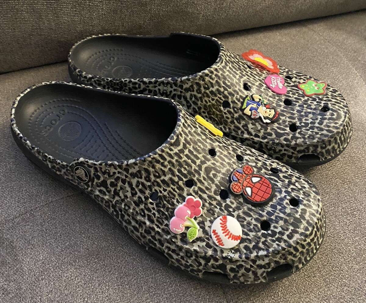 Crocs Black & Gray With Decorative Pins Size 10