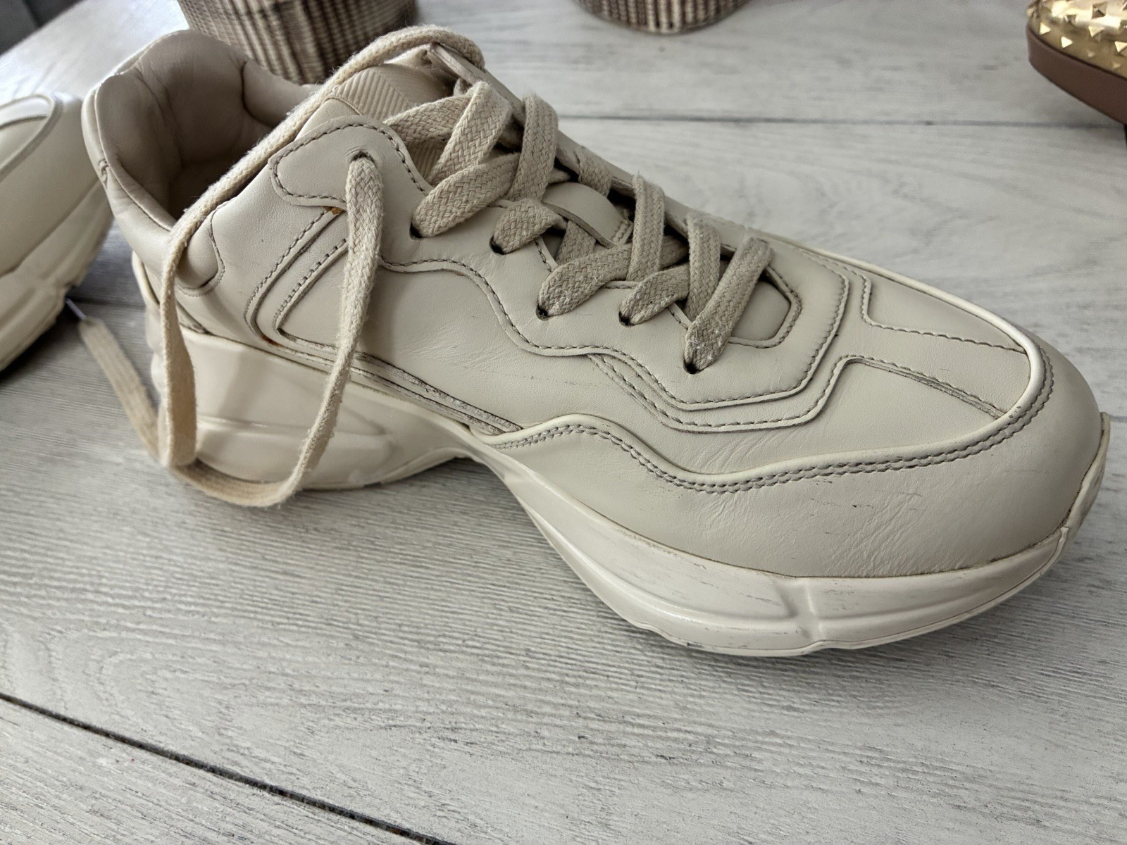 Gucci Rhyton Beige Logo Red-Green Stripe Leather Women’s Casual Sneakers