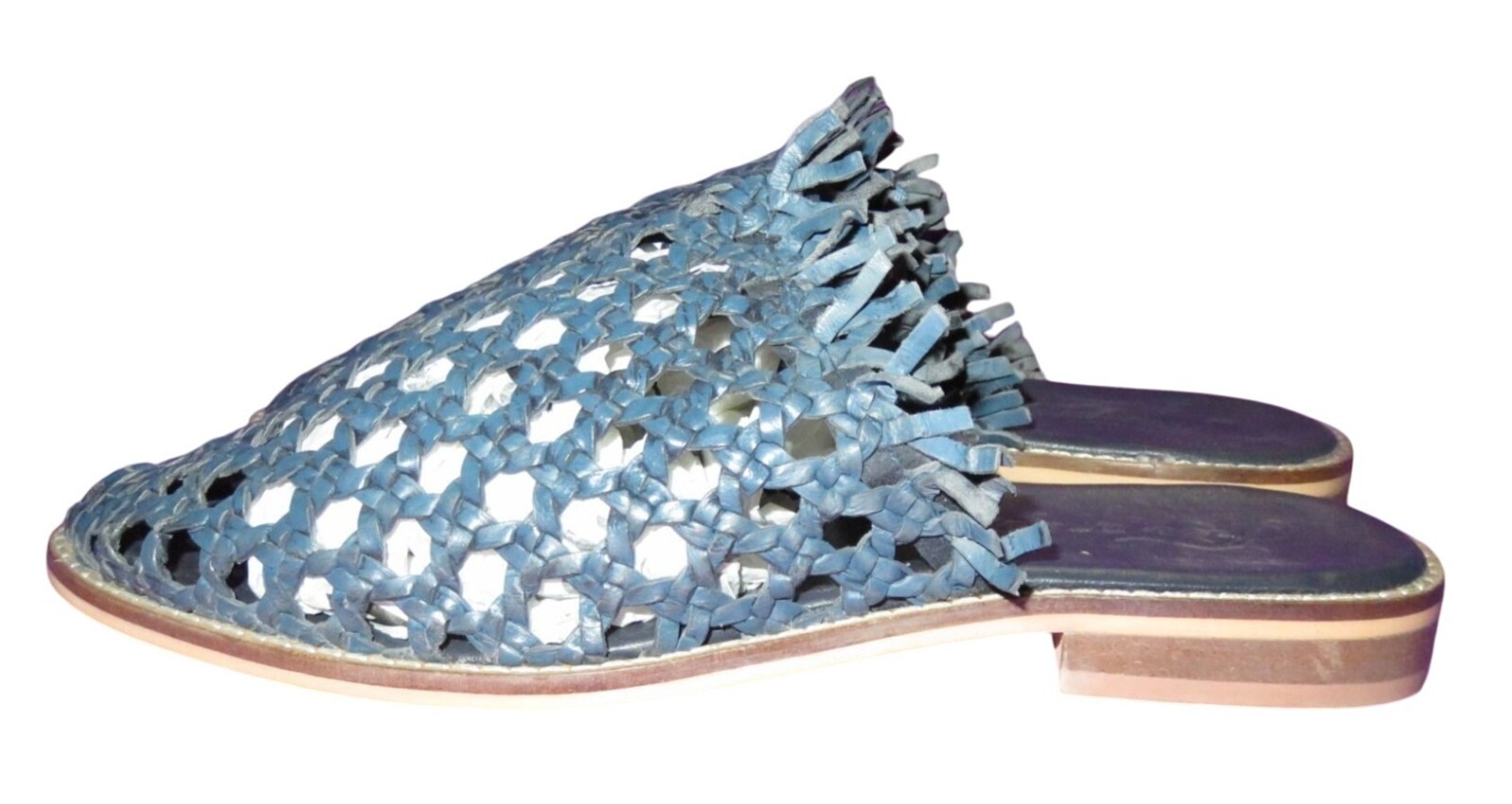 Free People Mirage Blue Woven Raffia Leather Mules Clogs Made in India 40 or 10