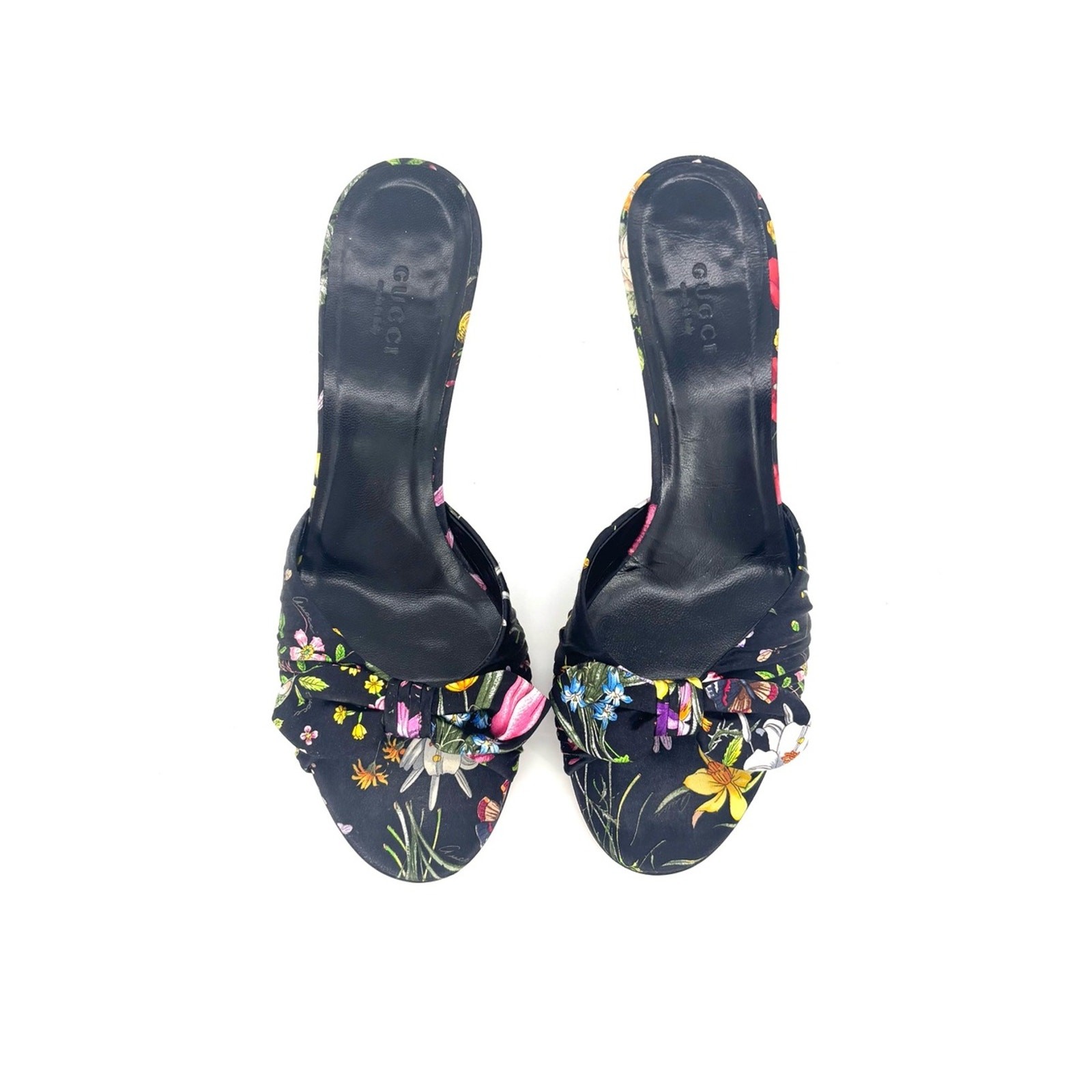 Vintage Gucci Flora Bow Slip On Kitten Heel Slip On Mules Sandals 7.5