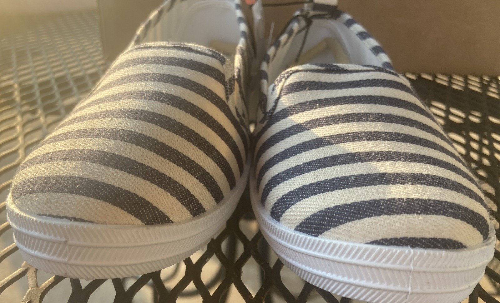 West Loop Navy White Canvas Stripe Small 5/6 Women’s Slip On Memory Foam Shoes