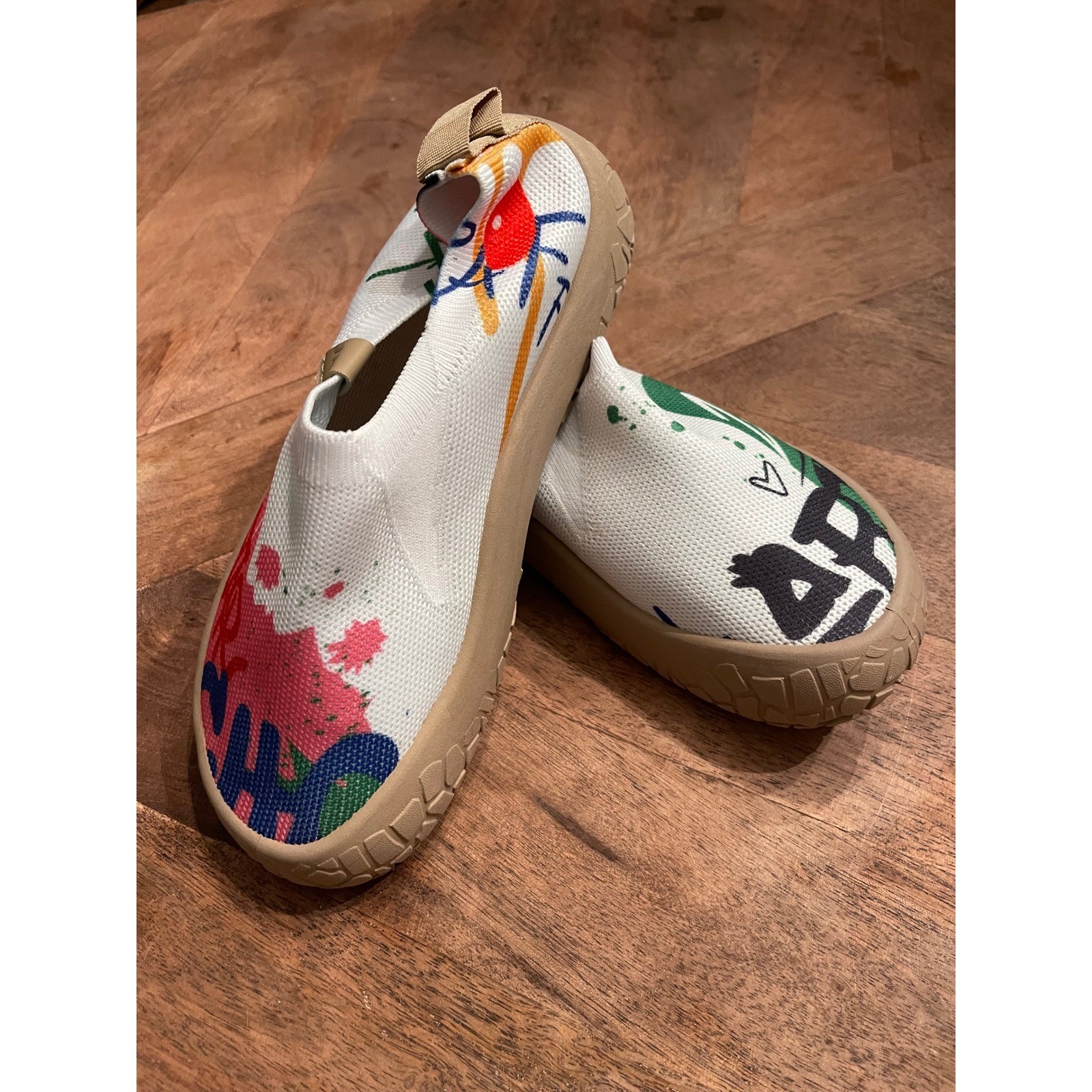 Hola Camel Graffiti Print Knit Slip On Barefoot Sneakers Multi Color Size 37