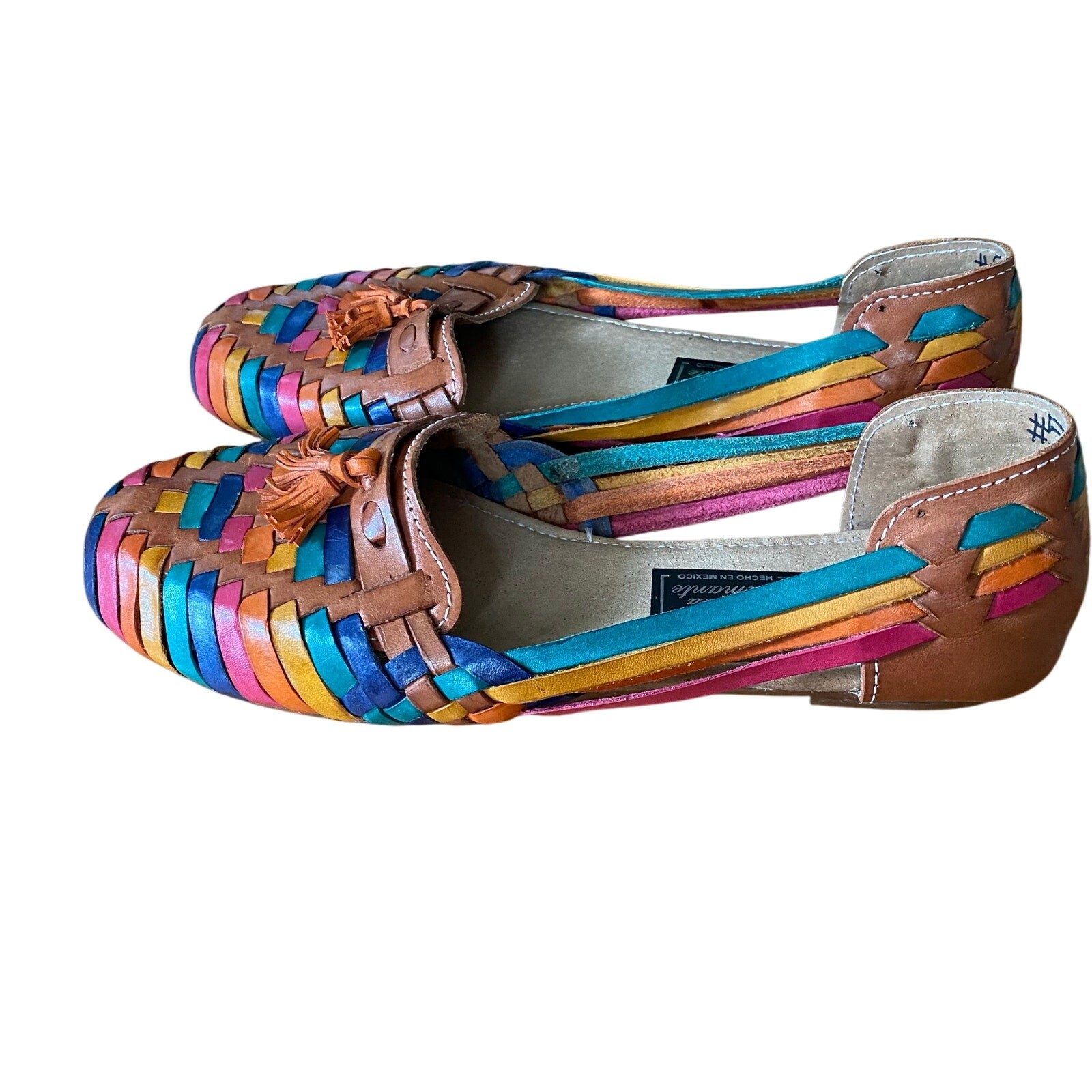 Women’s Slip On Sandal, Leather, 6.5, Tan/Multi colors, Made in Mexico, Size 6.5